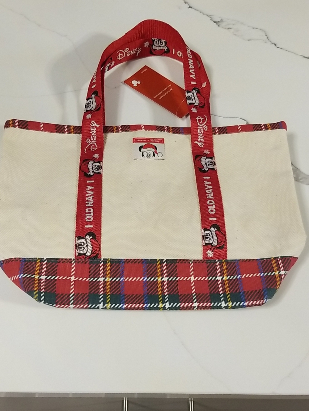 Old Navy X Disney Red Plaid & Cream Christmas Canvas Tote